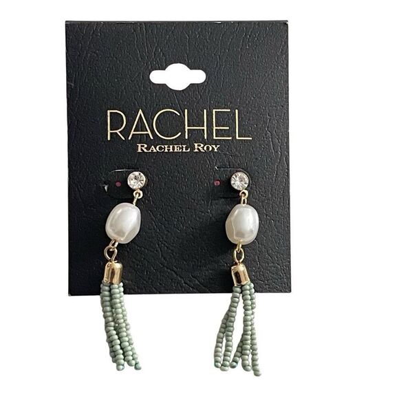 Rachel Roy Boho Dangle Earrings – Mint Beads, Pearl Drop & Rhinestone Stud - Picture 1 of 7